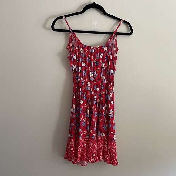 Express Women Sz S Red Floral Faux Wrap Adj Spaghetti Strap Ruffled Sundress - Picture 10 of 11